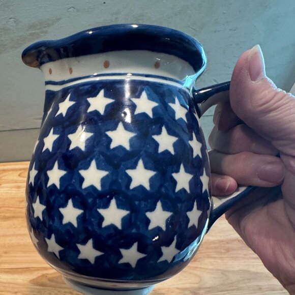 Boleslawiec Polish Pottery Pitcher Jug Blue w/ White Stars Handmade 5” Tall - Picture 3 of 6